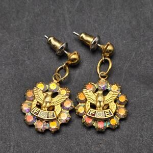 Fraternal Order of Eagles FOE Rhinestone Earrings Vintage Pierced